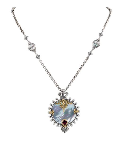 KONSTANTINO STERLING SILVER & 18K GOLD NECKLACE MOTHER OF PEARL RHODOLITE PEARL FROM THE HESTIA COLLECTION