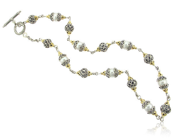 KONSTANTINO STERLING SILVER, 18K YELLOW GOLD AND PEARL 18" INCH NECKLACE FROM THE PEARL COLLECTION