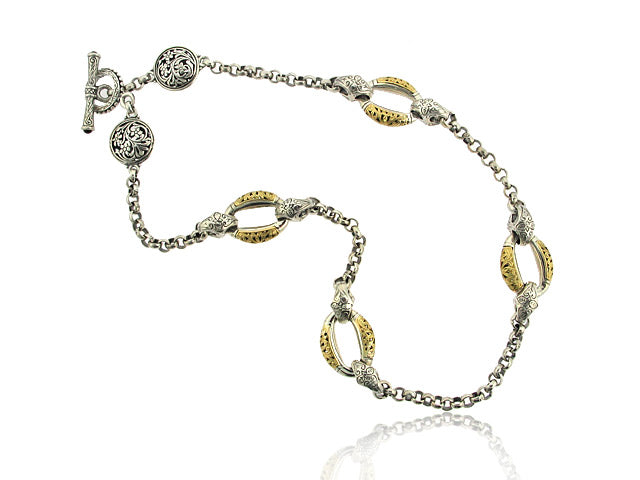 KONSTANTINO STERLING SILVER AND 18K YELLOW GOLD ETCHED LINK NECKLACE FROM THE SILVER AND GOLD COLLECTION