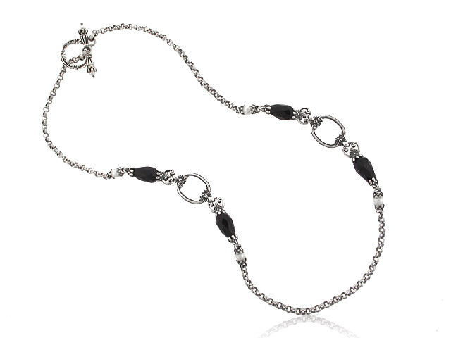 KONSTANTINO STERLING SILVER BLACK ONYX AND PEARL NECKLACE FROM THE NYKTA COLLECTION