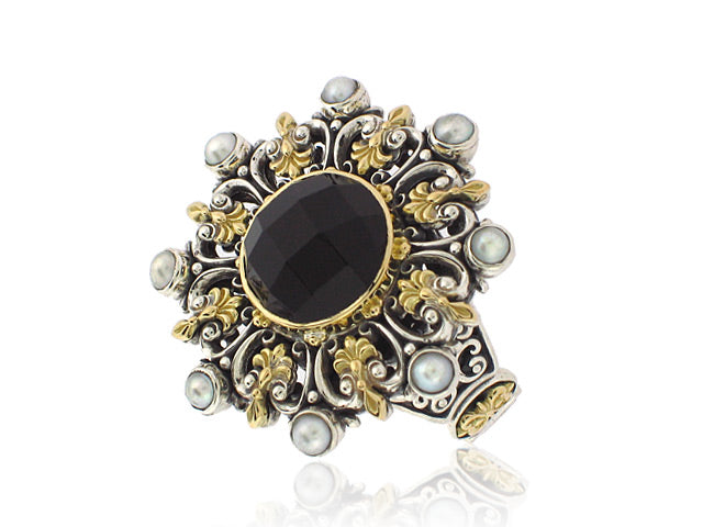 KONSTANTINO STERLING SILVER AND 18K YELLOW GOLD BLACK ONYX AND PEARL RING FROM THE NYKTA COLLECTION