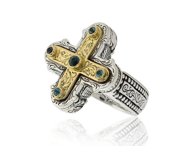 KONSTANTINO STERLING SILVER AND 18K YELLOW GOLD BLUE TOPAZ CROSS RING FROM THE COLOR COLLECTION