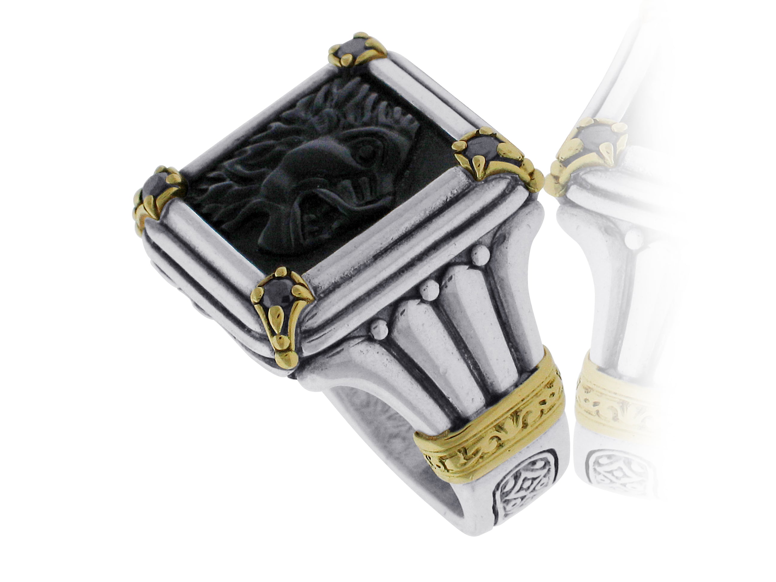 KONSTANTINO STERLING SILVER AND 18K YELLOW GOLD CARVED BLACK ONYX WITH LION MOTIF AND DIAMOND MEN'S RING FROM THE PAGANINI COLLECTION