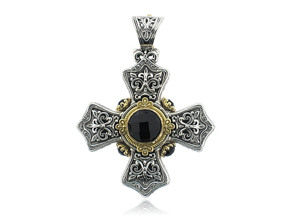 KONSTANTINO STERLING SILVER, 18K YELLOW GOLD AND BLACK ONYX CROSS PENDANT  FROM THE NYKTA COLLECTION