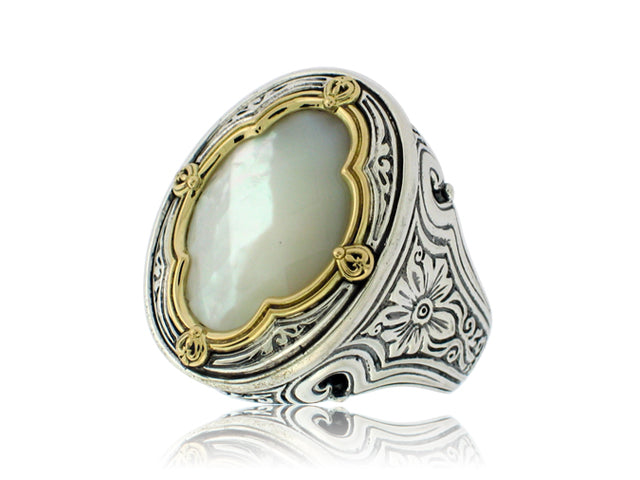 KONSTANTINO STERLING SILVER AND 18K YELLOW GOLD MOTHER OF PEARL RING FROM THE SELENE COLLECTION