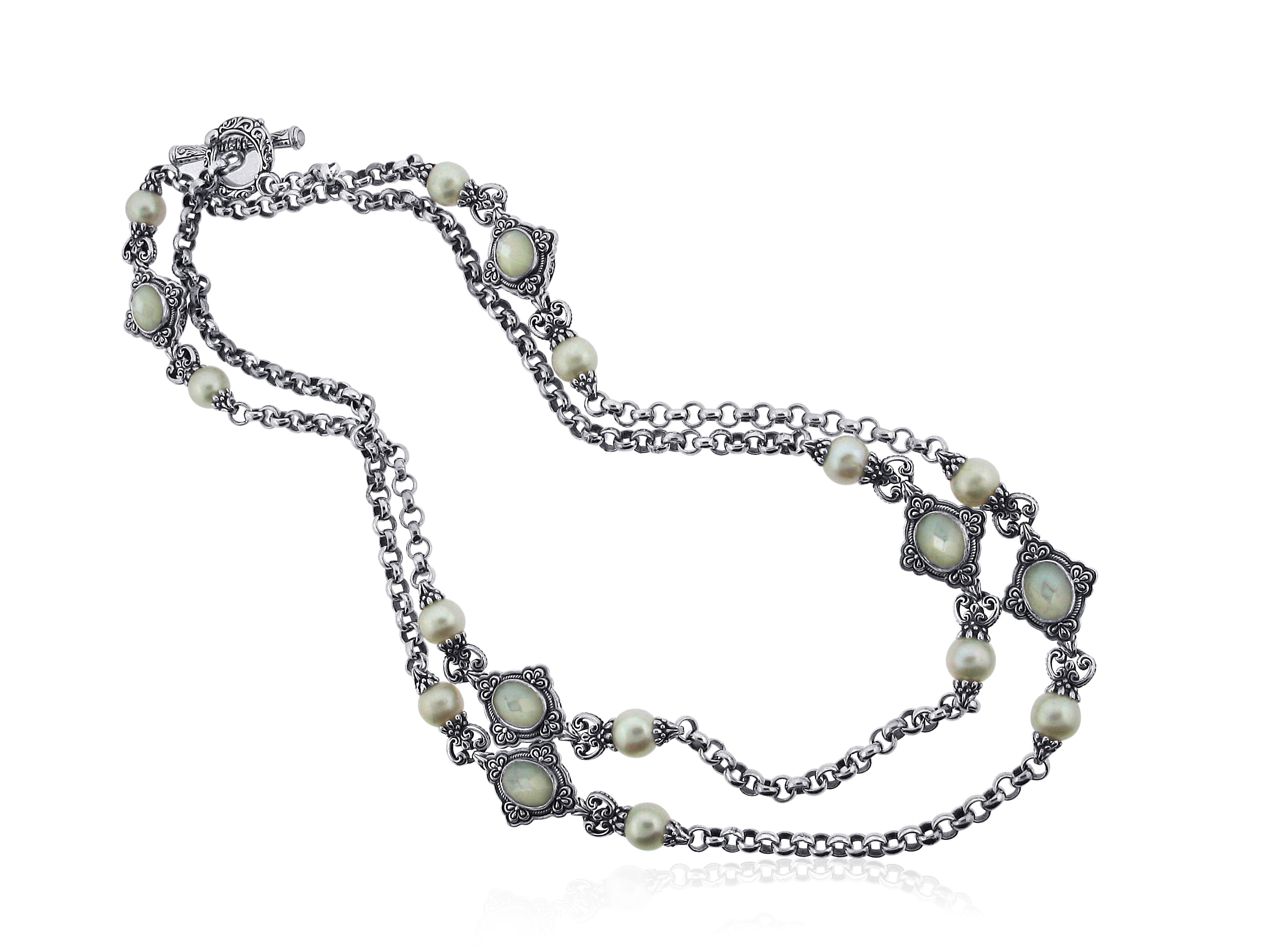 KONSTANTINO STERLING SILVER AND MOTHER OF PEARL 36" INCH NECKLACE FROM THE SELENE COLLECTION