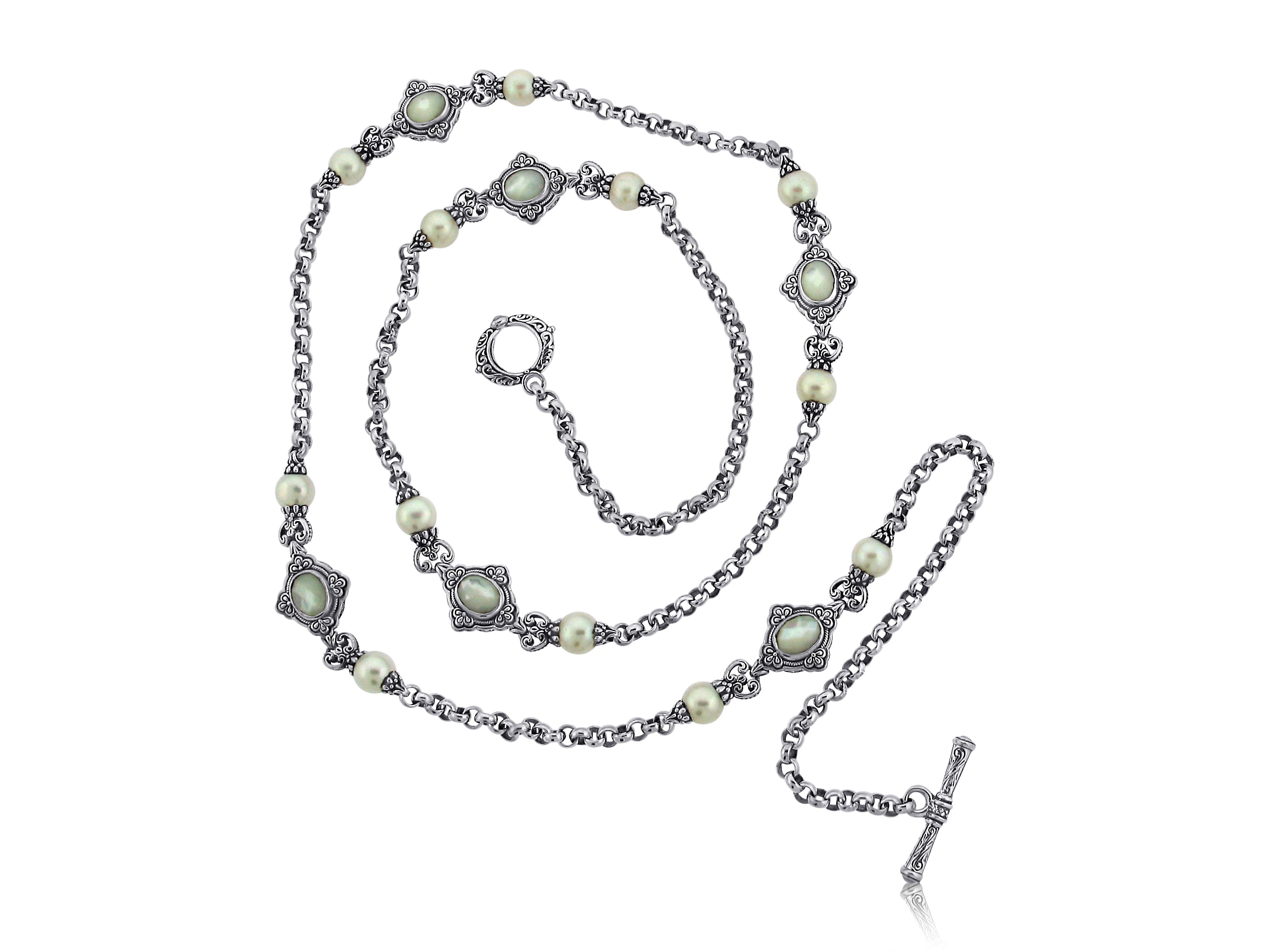 KONSTANTINO STERLING SILVER PEARL AND MOTHER OF PEARL 36" NECKLACE FROM THE SELENE COLLECTION