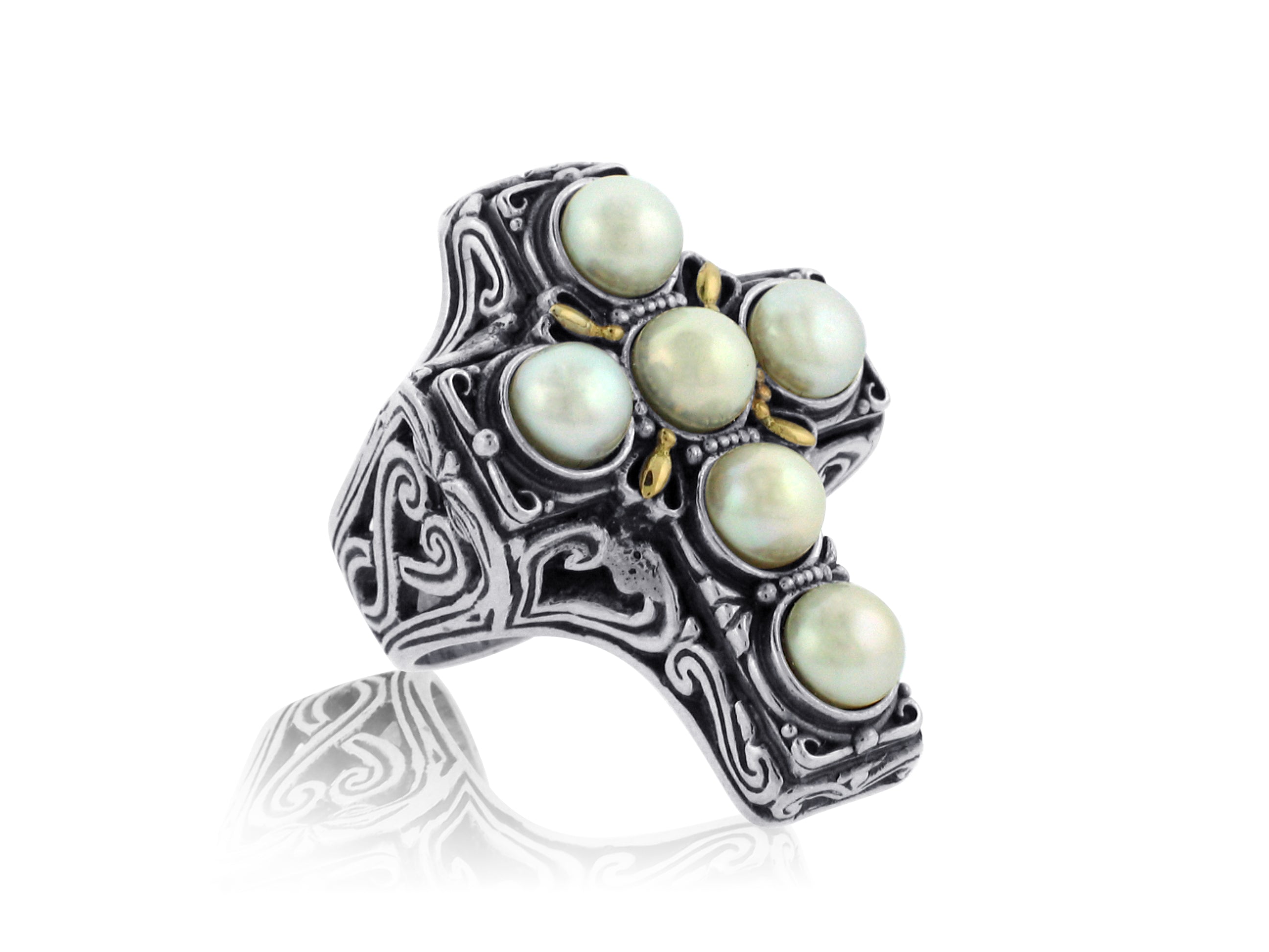 KONSTANTINO STERLING SILVER AND 18K YELLOW GOLD PEARL CROSS RING FROM THE KASSANDRA COLLECTION