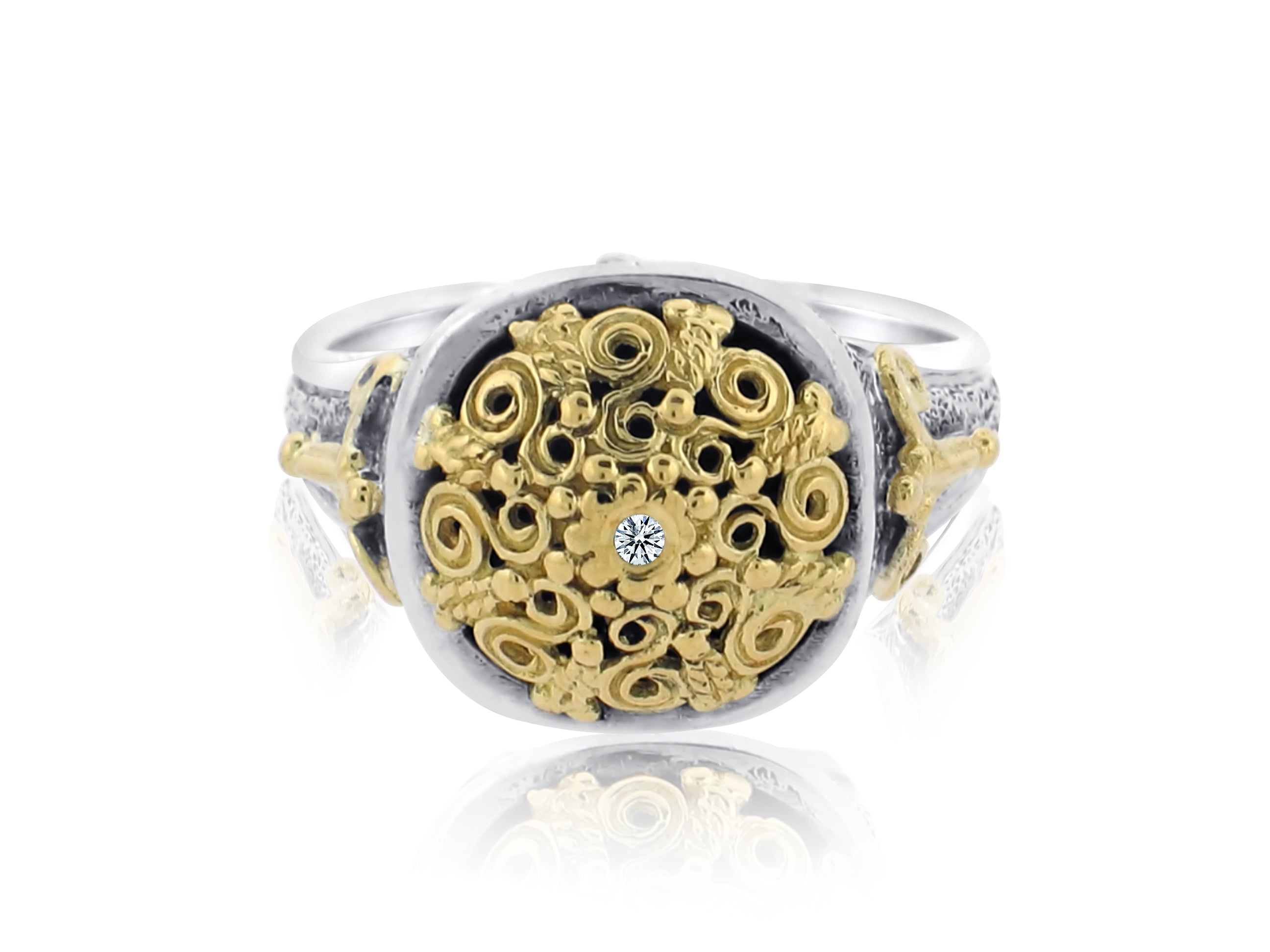 KONSTANTINO STERLING SILVER AND 18K YELLOW GOLD TINY ORNATE RING FROM THE SILVER AND GOLD COLLECTION