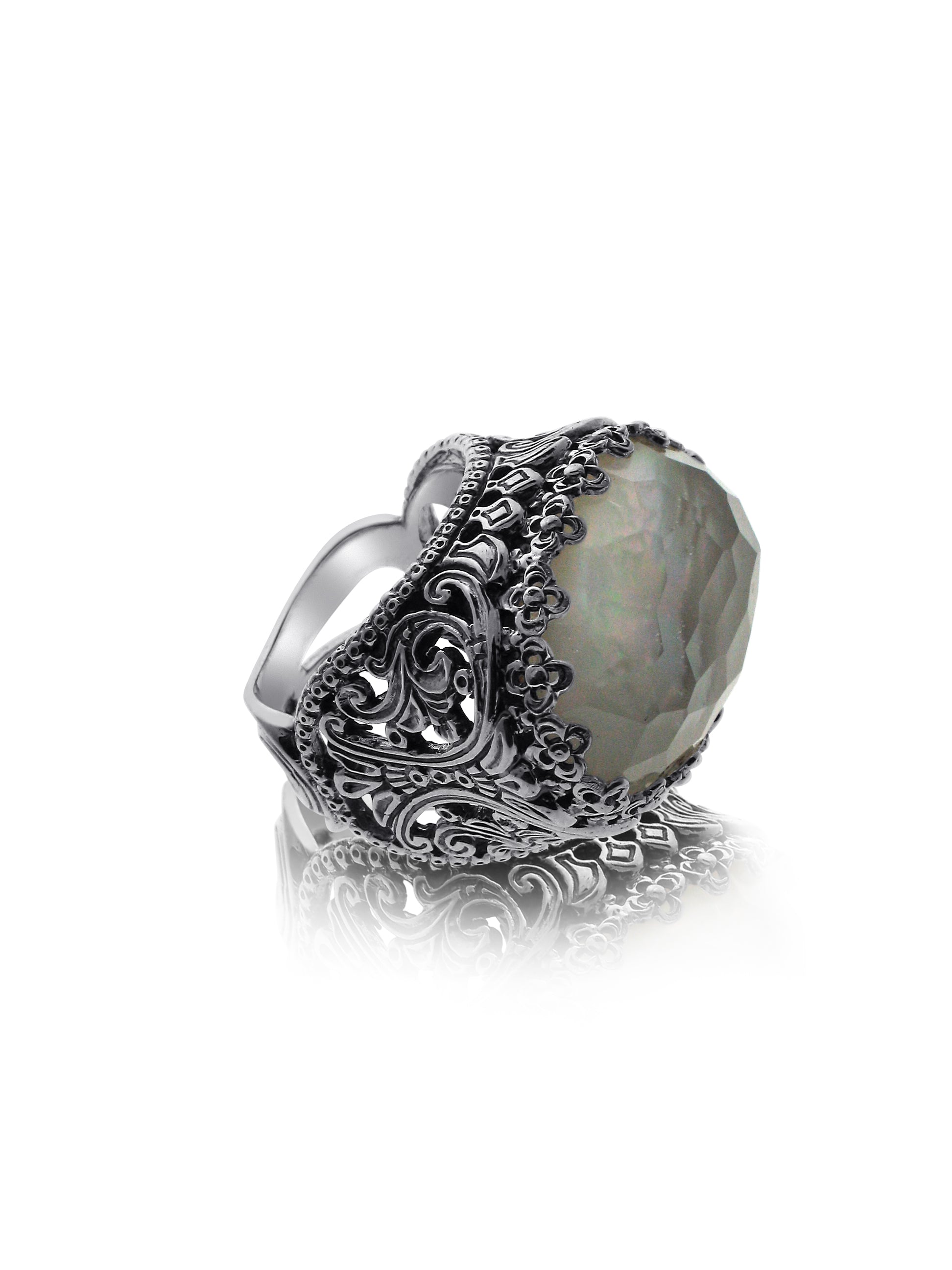 KONSTANTINO STERLING SILVER, ROCK CRYSTAL AND MOTHER OF PEARL DOUBLET RING FROM THE AURA COLLECTION