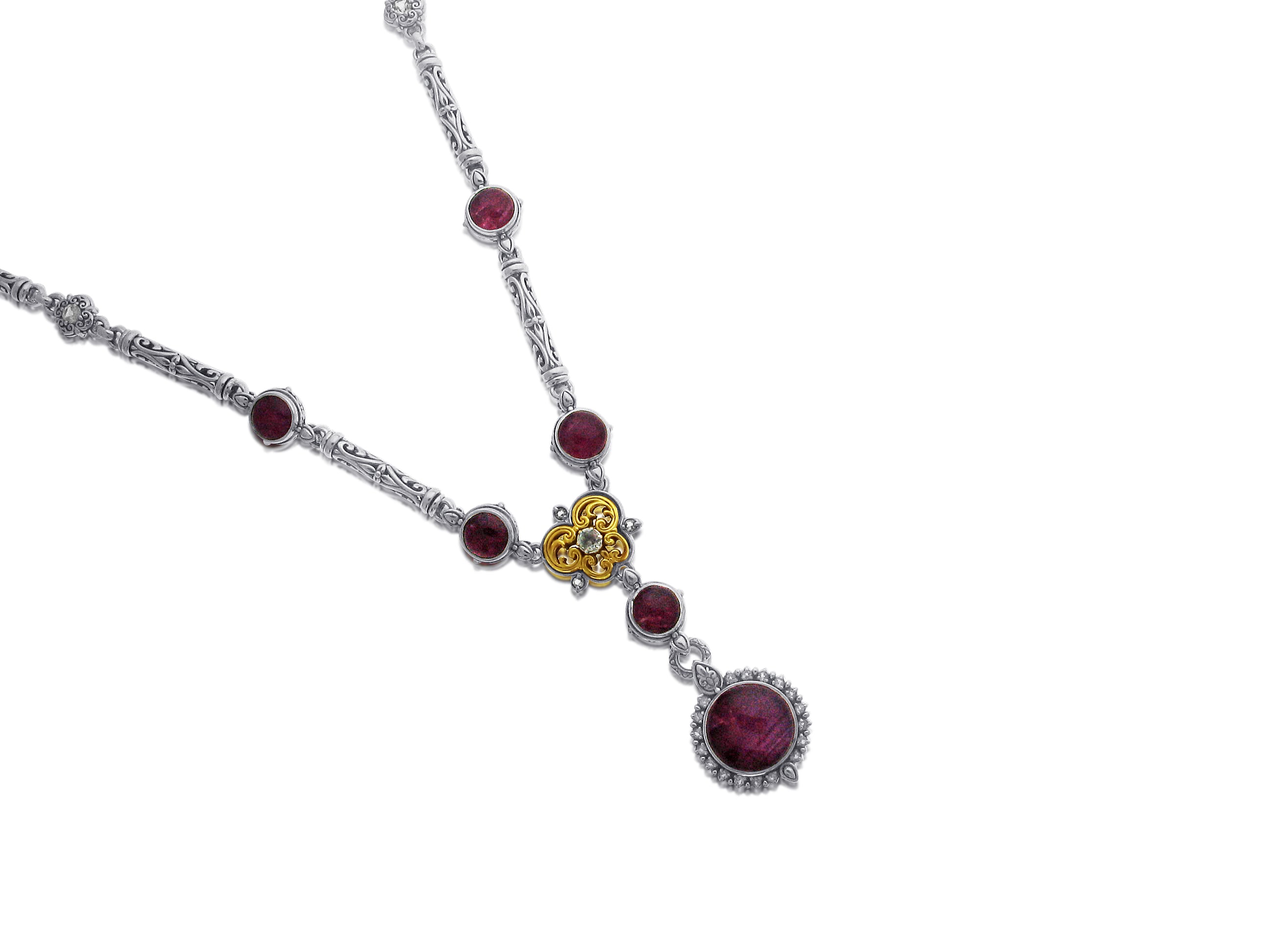 KONSTANTINO STERLING SILVER AND 18K YELLOW GOLD RUBY QUARTZ DOUBLET AND WHITE TOPAZ DANGLE NECKLACE FROM THE OMORPHIA COLLECTION