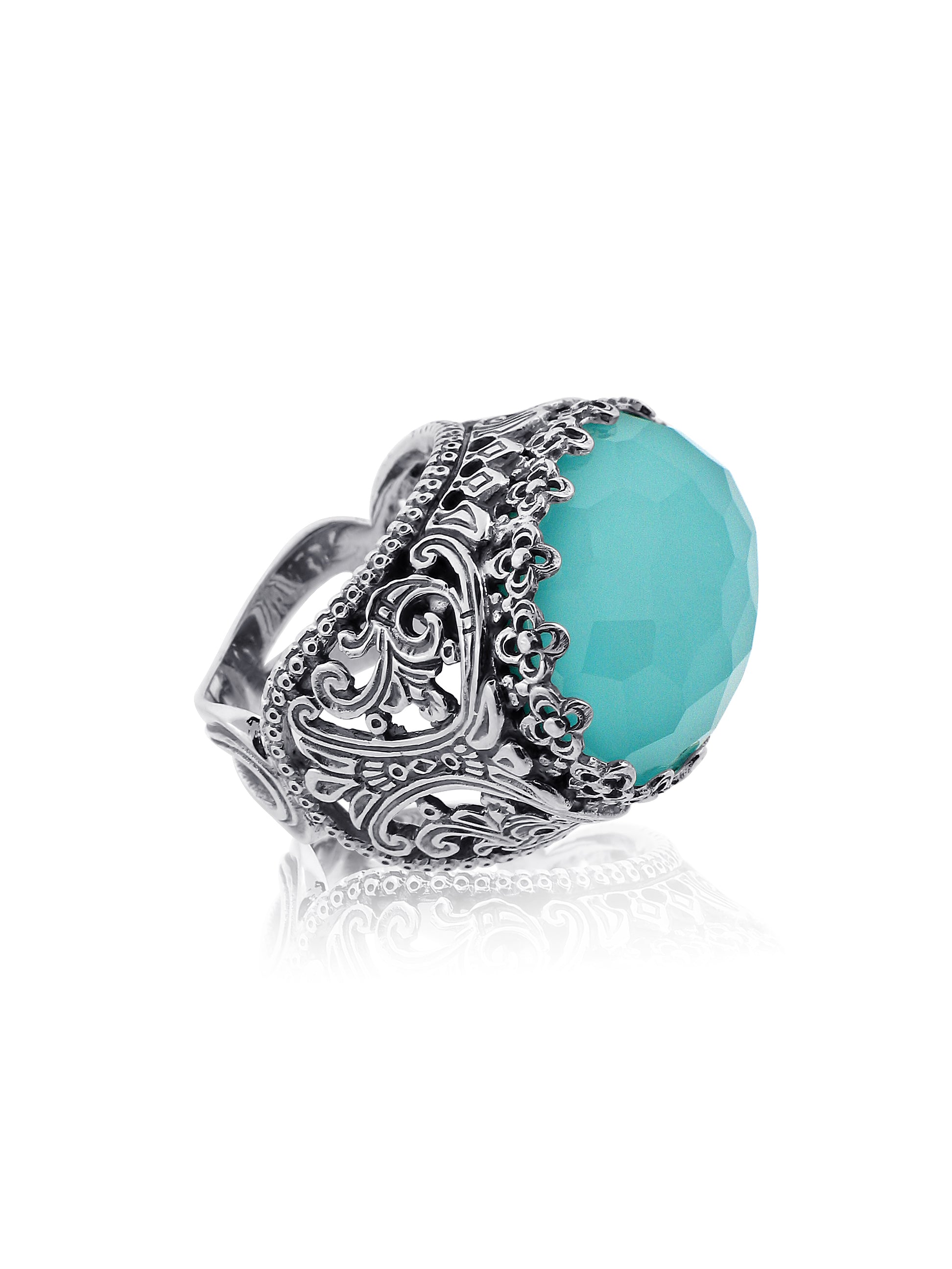 KONSTANTINO STERLING SILVER, ROCK CRYSTAL OVER TURQUOISE RING FROM THE AEGEAN COLLECTION