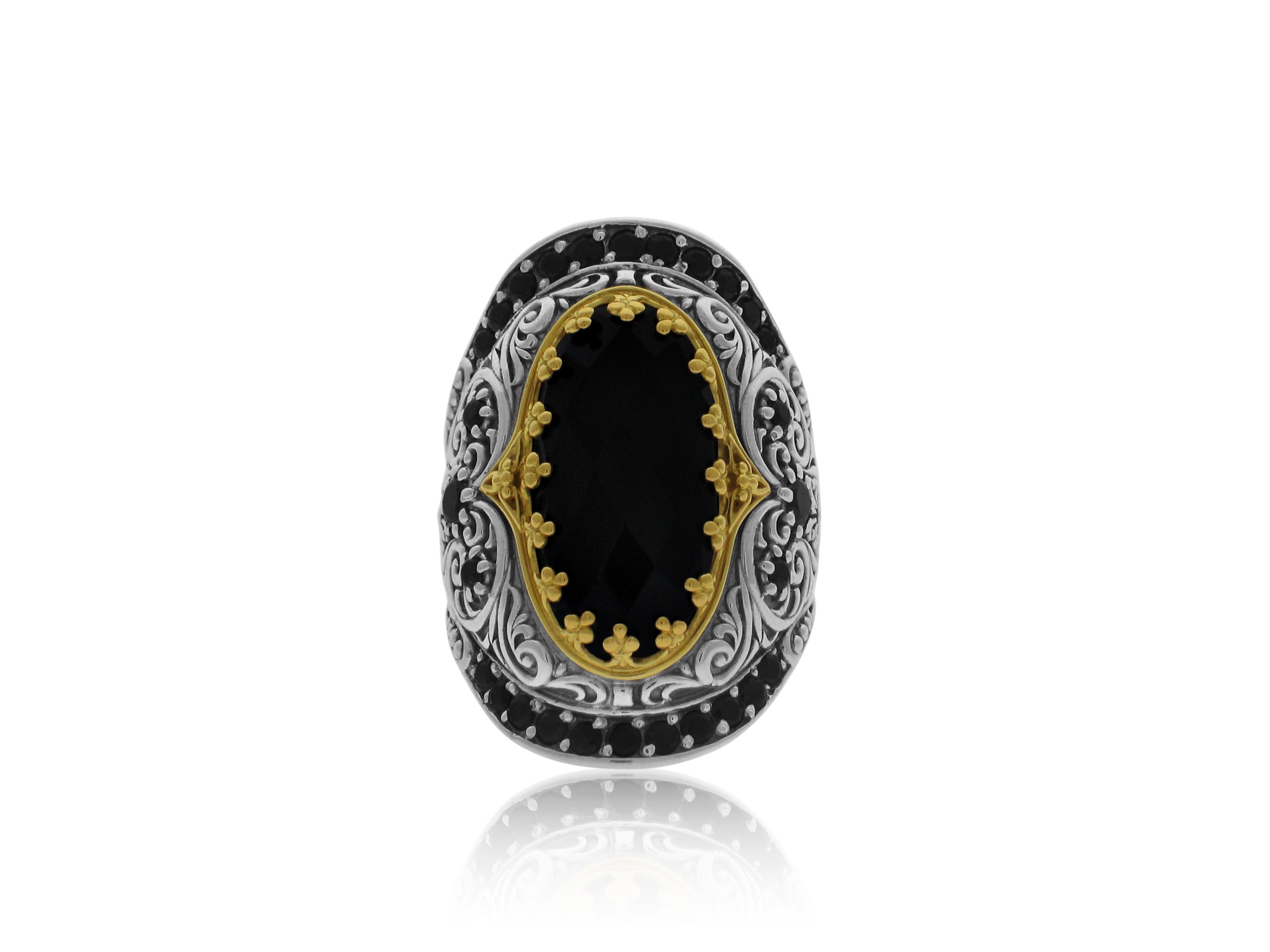 KONSTANTINO STERLING SILVER, 18K YELLOW GOLD, BLACK ONYX AND BLACK SPINEL RING FROM THE SIBYLLA COLLECTION