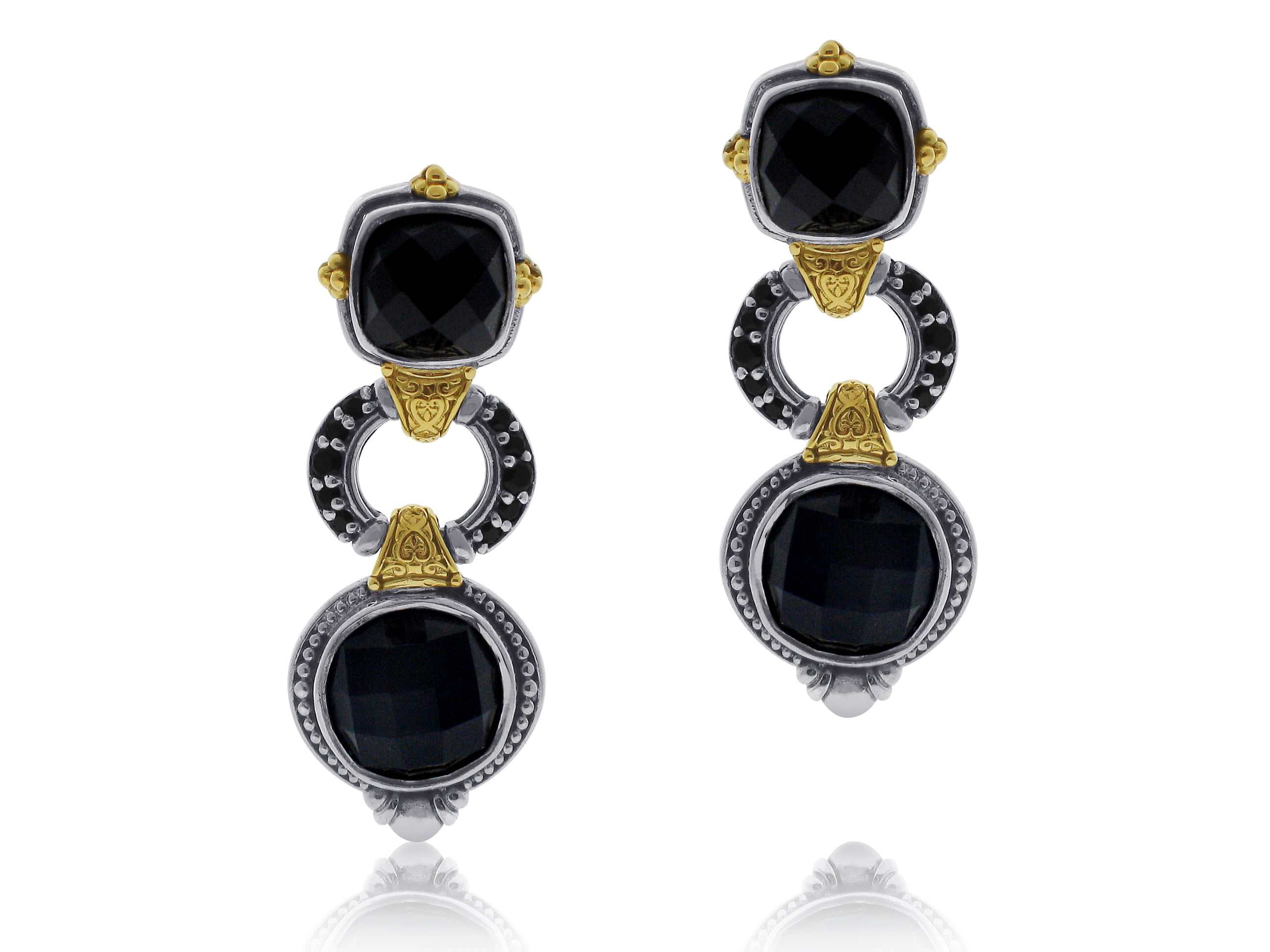 KONSTANTINO STERLING SILVER, 18K YELLOW GOLD, BLACK ONYX AND BLACK SPINEL DROP EARRINGS FROM THE SIBYLLA COLLECTION