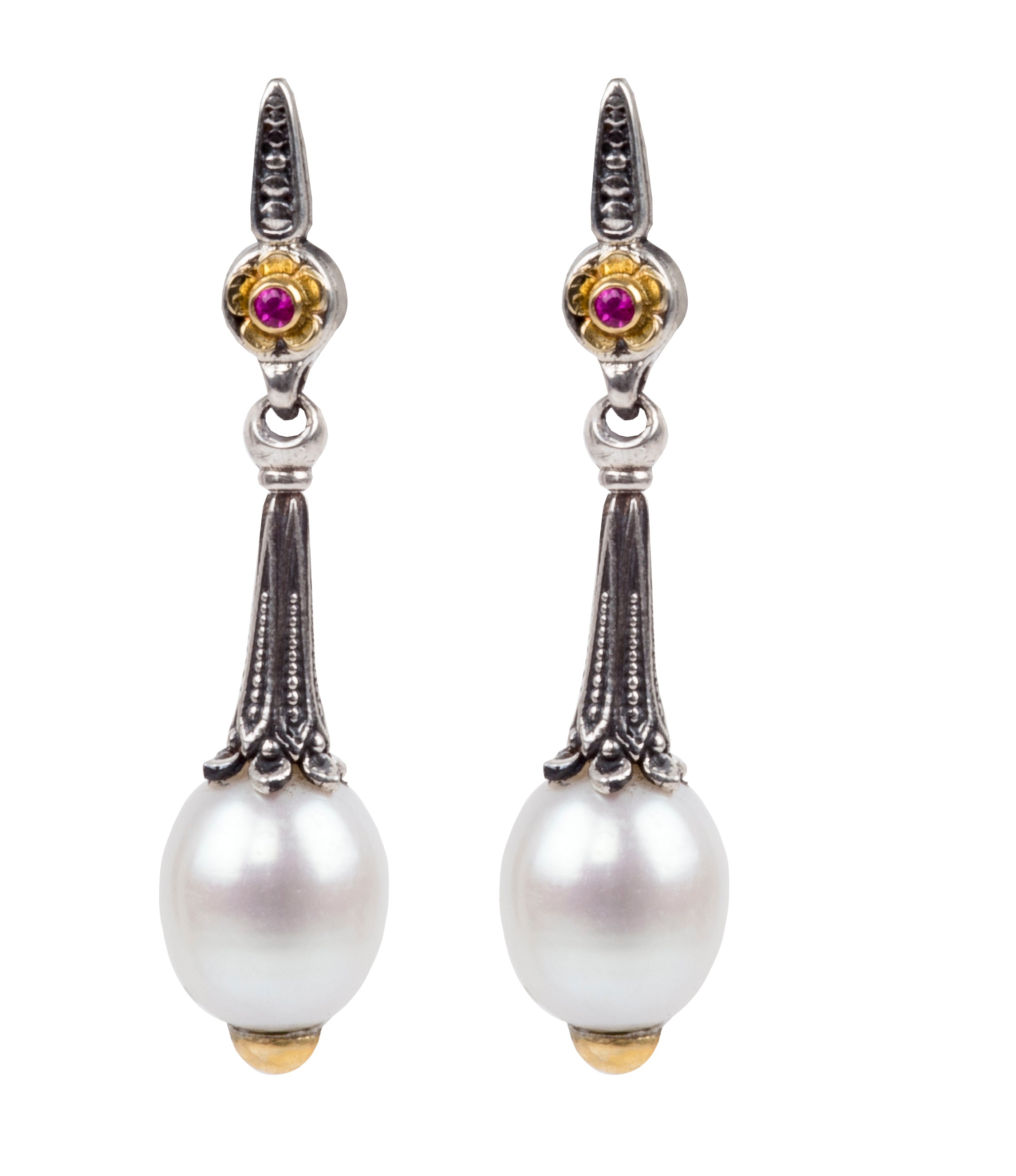 KONSTANTINO STERLING SILVER AND 18K YELLOW GOLD PINK SAPPHIRE AND PEARL EARRINGS FROM THE HESTIA COLLECTION