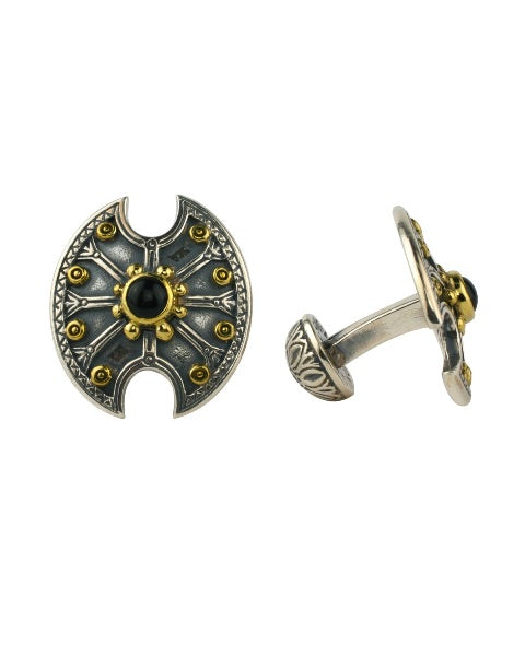 KONSTANTINO STERLING SILVER & BRONZE ONYX SHIELD CUFFLINKS FROM THE MYRMIDONES COLLECTION