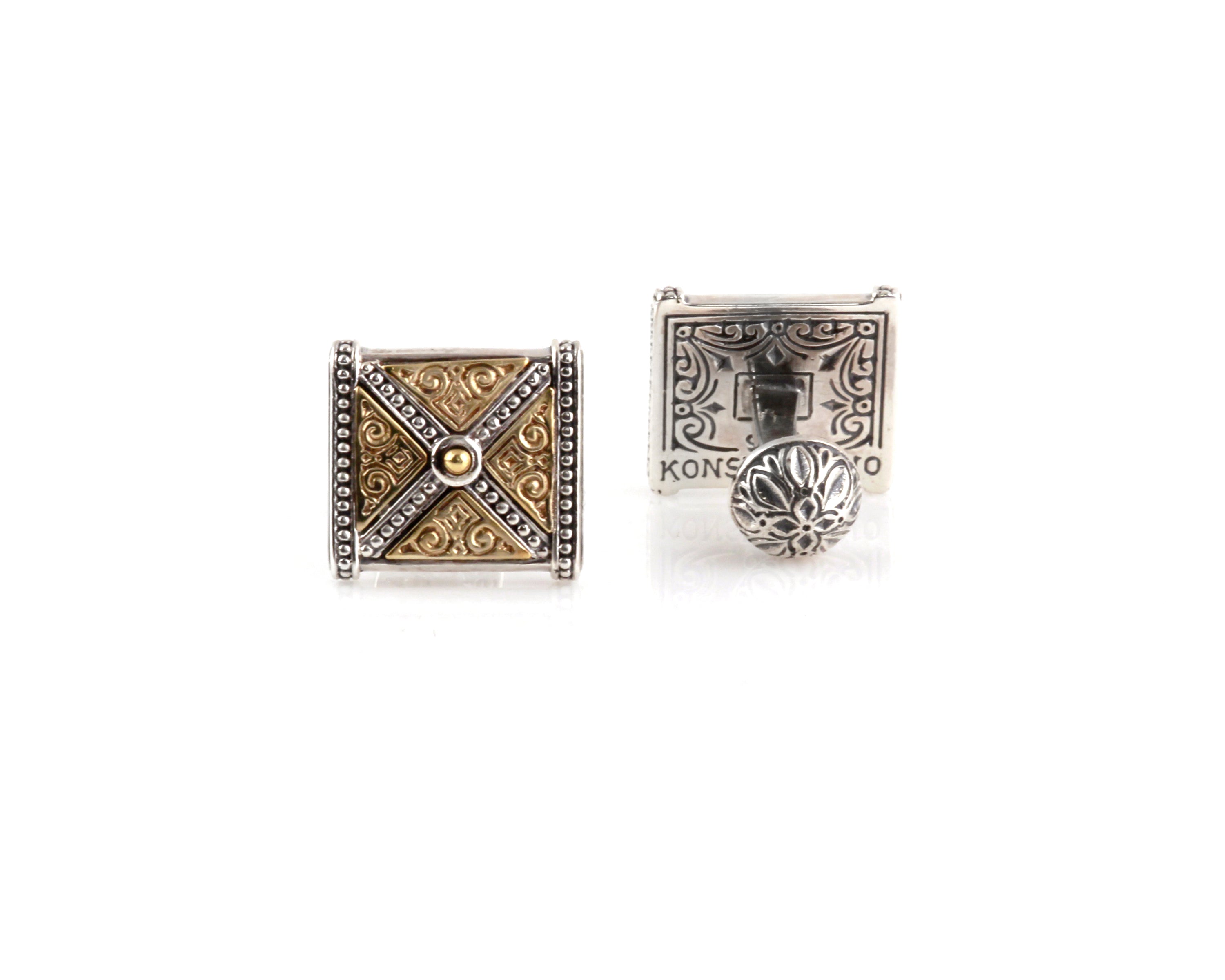 KONSTANTINO STERLING SILVER & BRONZE ORNATE-X-DETAIL SQUARE CUFFLINKS FROM THE PHIDIAS COLLECTION