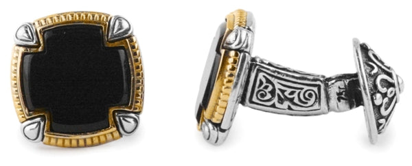 KONSTANTINO STERLING SILVER & 18K GOLD ONYX CUFFLINKS FROM THE ARES COLLECTION