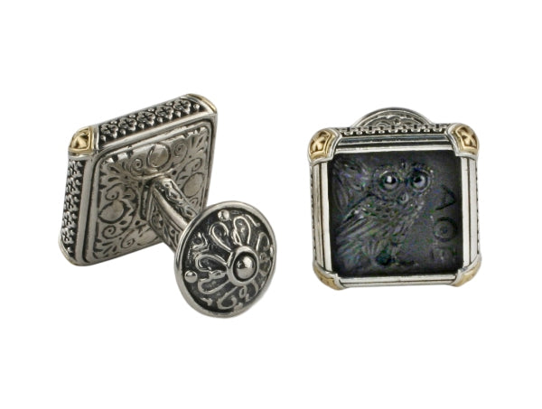 KONSTANTINO STERLING SILVER & 18K GOLD ONYX CARVED OWL MOTIF CUFFLINKS FROM THE PAGANINI COLLECTION