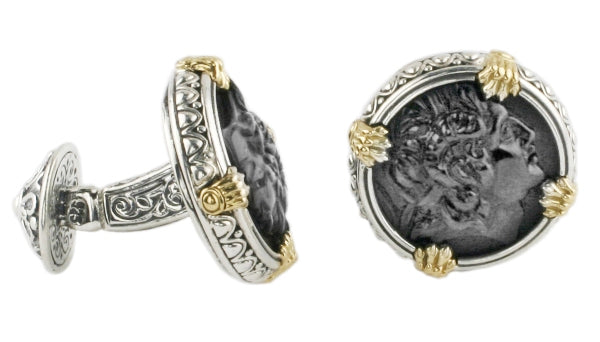 KONSTANTINO STERLING SILVER & 18K GOLD ONYX CARVED ALEXANDER MOTIF CUFFLINKS FROM THE PAGANINI COLLE