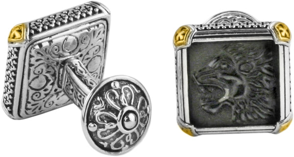 KONSTANTINO STERLING SILVER & 18K GOLD ONYX CARVED LION MOTIF CUFFLINKS FROM THE PAGANINI COLLECTION