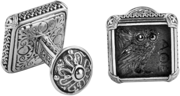 KONSTANTINO STERLING SILVER ONYX CARVED OWL MOTIF CUFFLINKS FROM THE PAGANINI COLLECTION