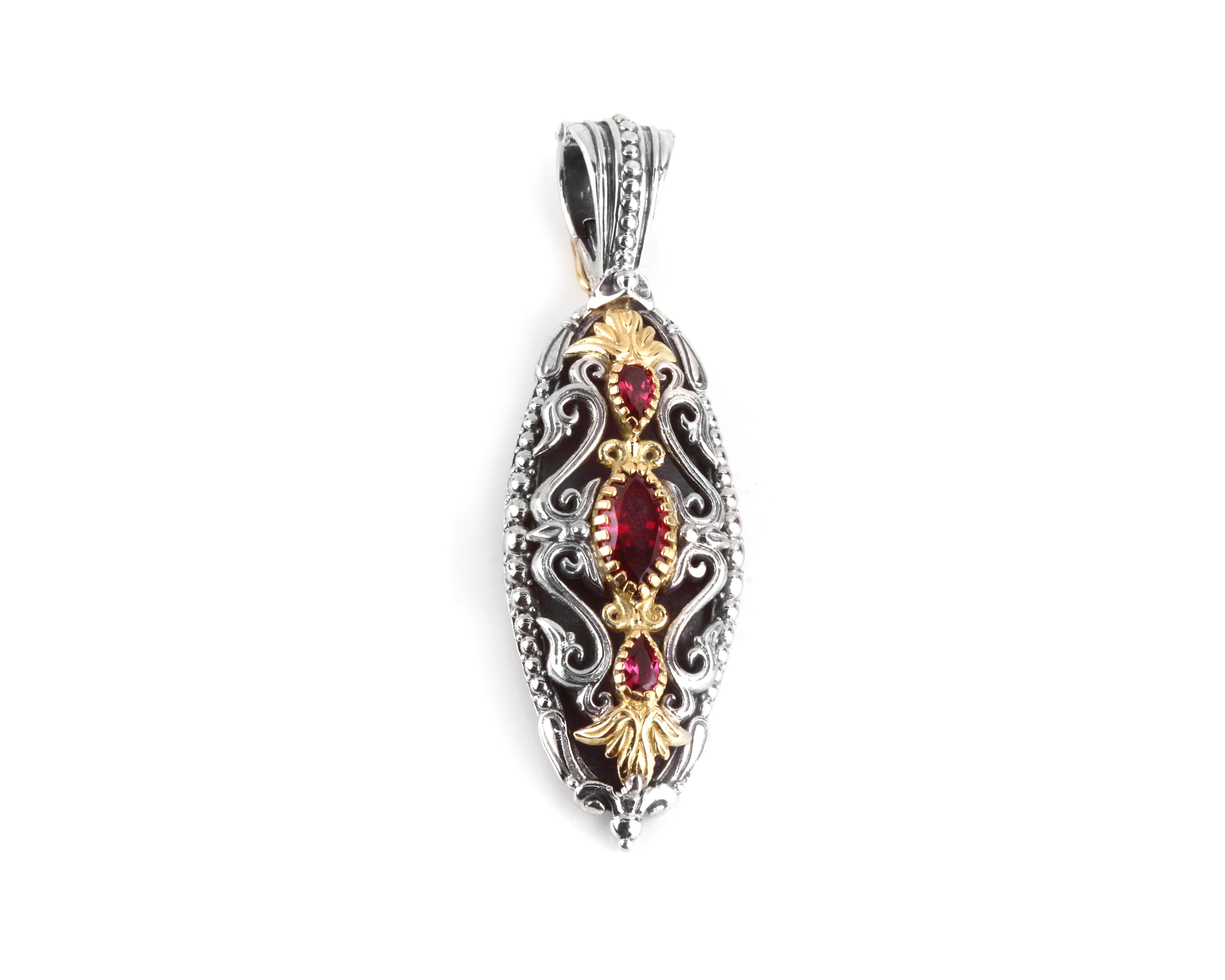 KONSTANTINO STERLING SILVER & 18K GOLD RHODOLITE ORNATE ELONGATED OVAL PENDANT FROM THE ARTEMIS COLL