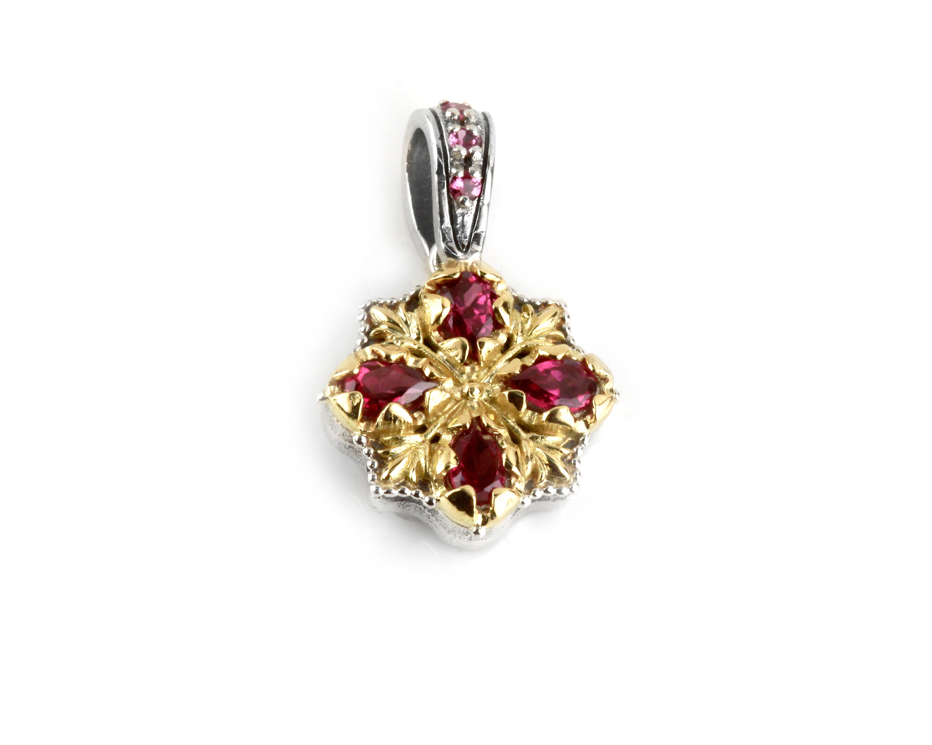 KONSTANTINO STERLING SILVER & 18K GOLD RHODOLITE FIOWER PENDANT FROM THE ARTEMIS COLLECTION