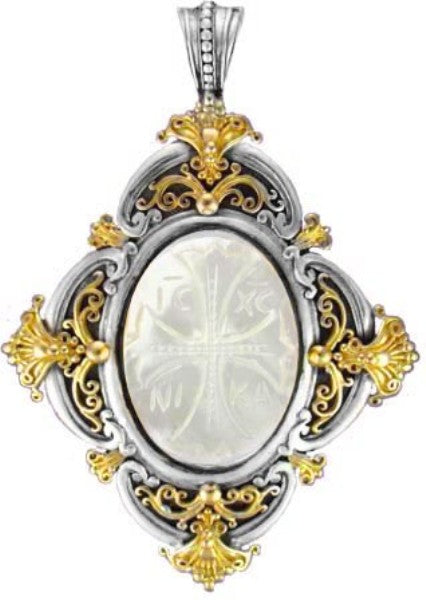 KONSTANTINO STERLING SILVER & 18K GOLD CARVED MOTHER OF PEARL PENDANT FROM THE ATHENA COLLECTION