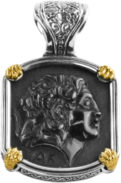 KONSTANTINO STERLING SILVER & 18K GOLD ONYX CARVED ALEXANDER MOTIF PENDANT FROM THE PAGANINI COLLECT