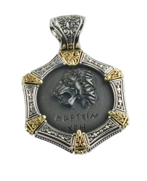 KONSTANTINO STERLING SILVER & 18K GOLD ONYX CARVED LION MOTIF PENDANT FROM THE PAGANINI COLLECTION