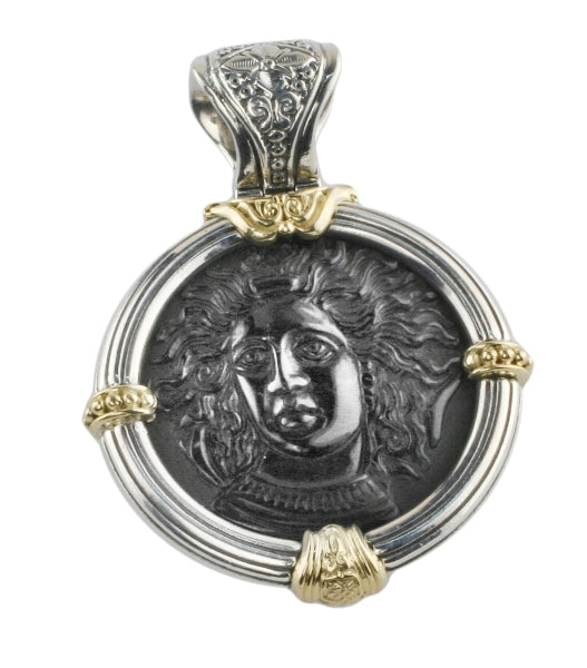 KONSTANTINO STERLING SILVER & 18K GOLD ONYX CARVED MEDUSA MOTIF PENDANT FROM THE PAGANINI COLLECTION