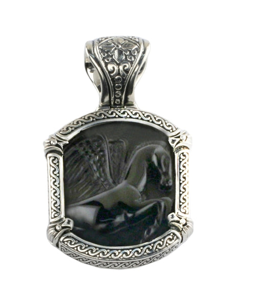 KONSTANTINO STERLING SILVER ONYX CARVED PEGASUS MOTIF PENDANT FROM THE PAGANINI COLLECTION