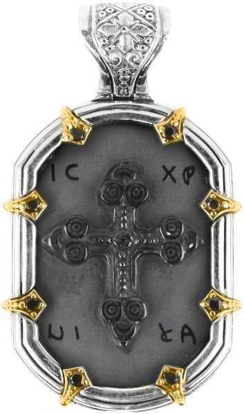 KONSTANTINO STERLING SILVER & 18K GOLD ONYX & DIAMOND CARVED CROSS MOTIF PENDANT FROM THE PAGANINI C