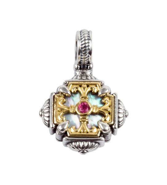 KONSTANTINO STERLING SILVER & 18K GOLD PENDANT MOTHER OF PEARL PINK TOURMALINE FROM THE HESTIA COLLECTION