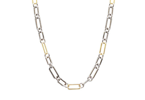 18K Yellow Gold and Grey sterling Silver Alternating Small Paperclip Chain Link Necklace with Toggle Closure. Adjustable at 16