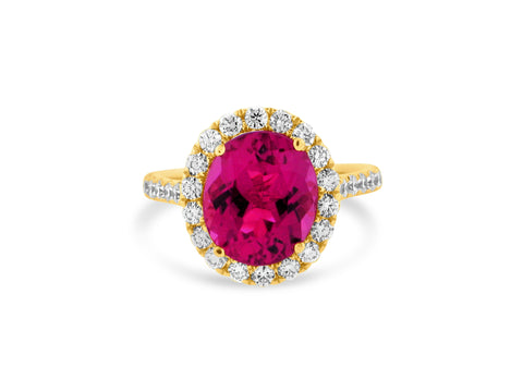 PRIVE 18K YELLOW GOLD  3.91CT A+  PINK TOURMALINE OVAL .88CT VS/G ACCENT NATURAL DIAMONDS