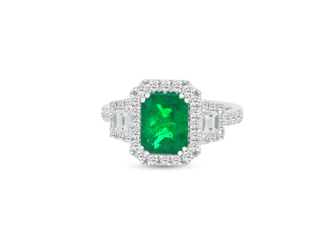 MULLOYS PRIVE'18K WHITE GOLD 2.22CT A+ EMERALD .84CT VS-SI CLARITY G COLOR  DIAMOND COLOR STONE RING