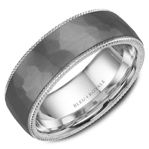 BLEU ROYALE 14K WHITE & TANTALUM HAMMERED MENS WEDDING BAND