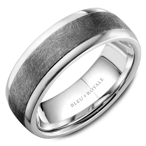 BLEU ROYALE 14K WHITE GOLD & TANTALUM BRUSHED TOP MENS WEDDING BAND