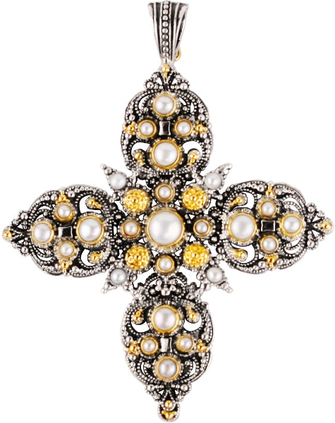 KONSTANTINO STERLING SILVER & 18K GOLD PEARL CROSS PENDANT FROM THE PEARL CLASSICS COLLECTION