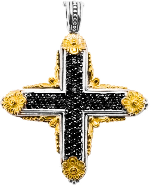 KONSTANTINO STERLING SILVER &18K GOLD BLACK DIAMOND (1.53CT+/-) CROSS PENDANT FROM THE ARSINOE COLLE