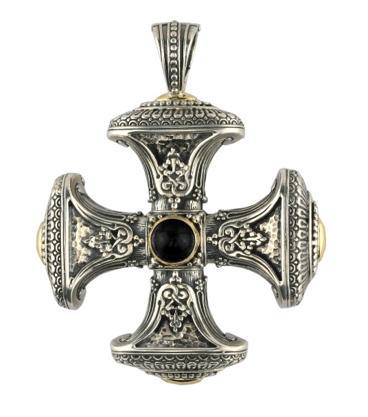 KONSTANTINO STERLING SILVER &18K GOLD CARVED ONYX CROSS PENDANT FROM THE ASPASIA SILVER & GOLD COLLE