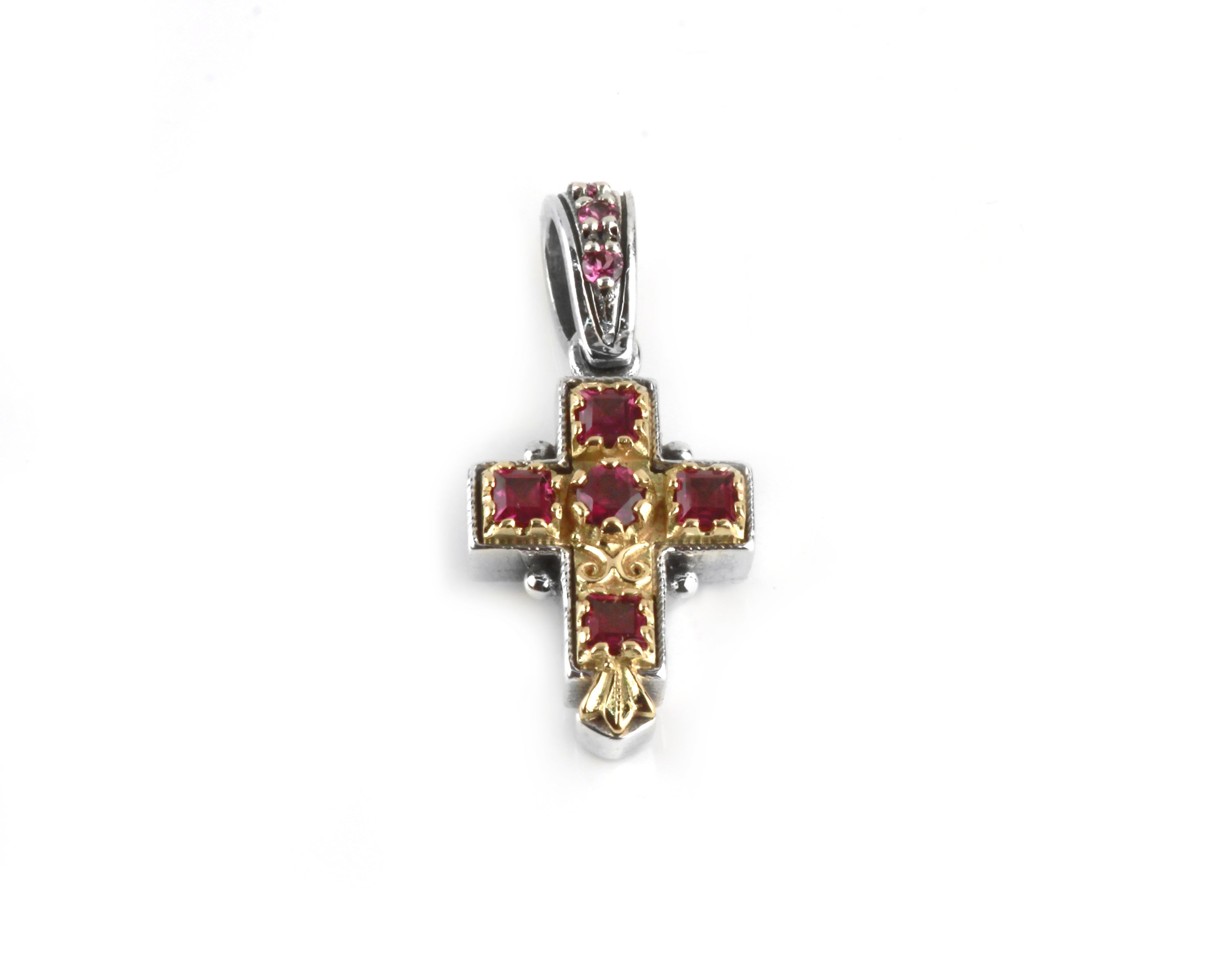 KONSTANTINO STERLING SILVER & 18K GOLD RHODOLITE SMALL CROSS PENDANT FROM THE ARTEMIS COLLECTION