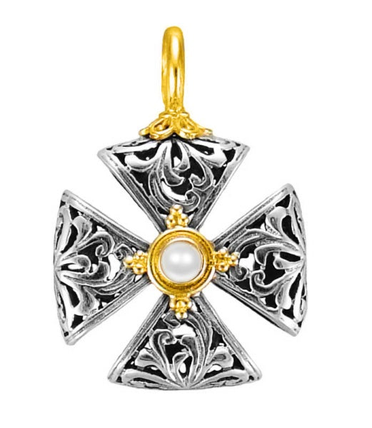 KONSTANTINO STERLING SILVER & 18K GOLD PEARL CROSS PENDANT FROM THE PEARL CLASSICS COLLECTION