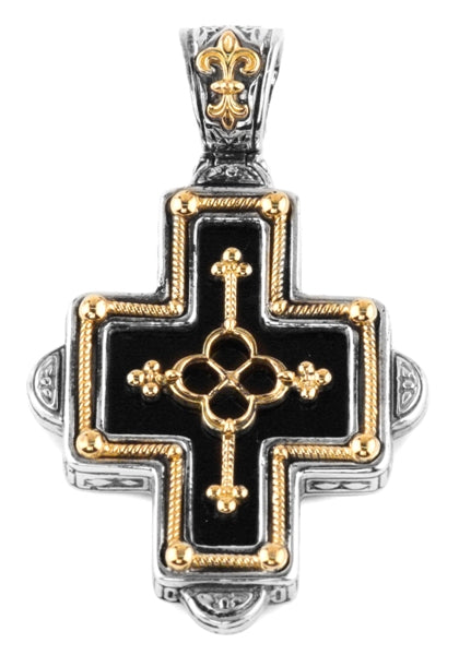 KONSTANTINO STERLING SILVER & 18K GOLD ONYX CROSS PENDANT FROM THE ARES COLLECTION