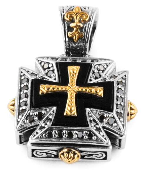 KONSTANTINO STERLING SILVER & 18K GOLD BLACK DIAMOND (0.46CT) & ONYX CROSS PENDANT FROM THE ARES COL