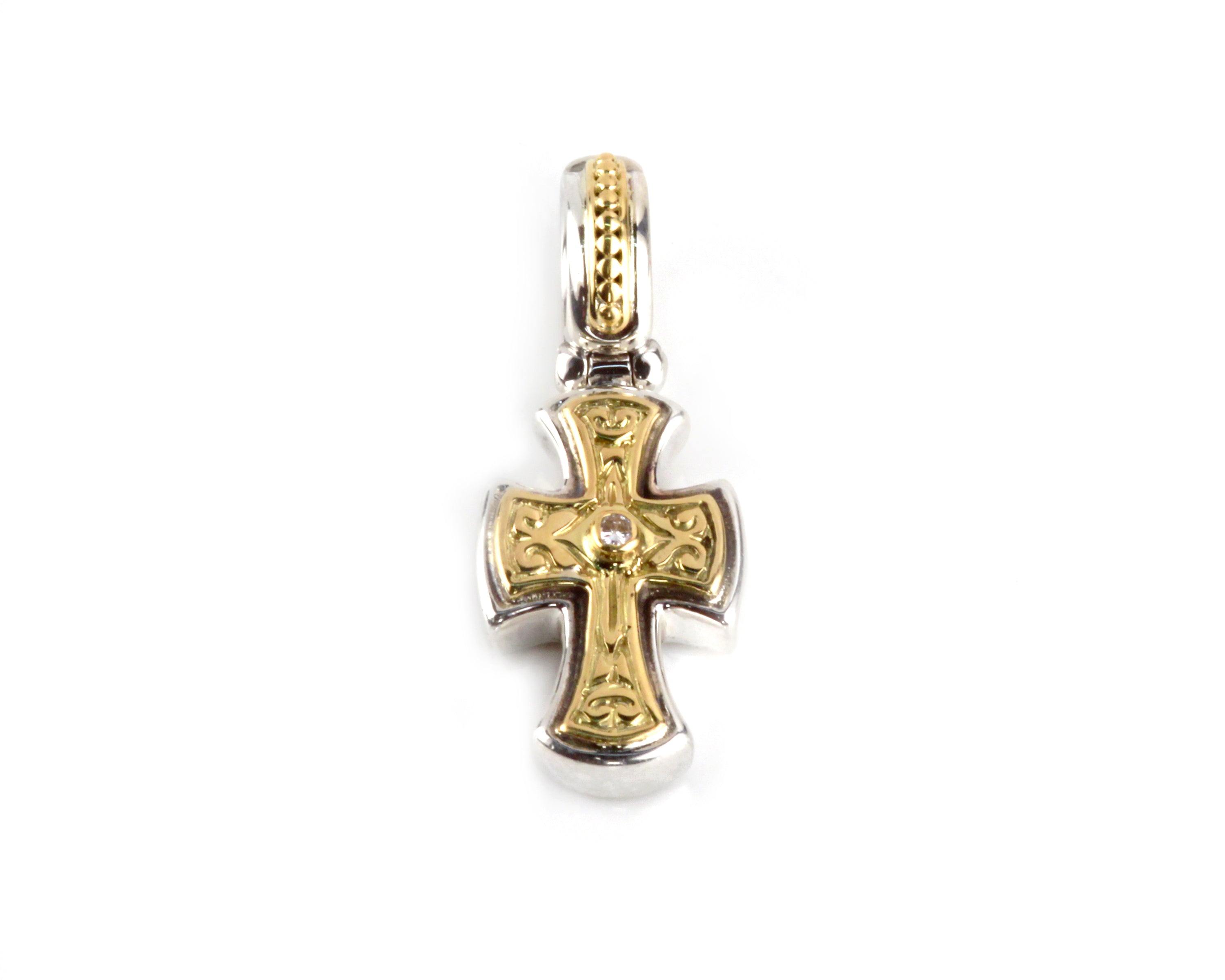 KONSTANTINO STERLING SILVER & 18K GOLD DIAMOND SMALL ORNATE CROSS PENDANT FROM THE HERMIONE COLLECTI