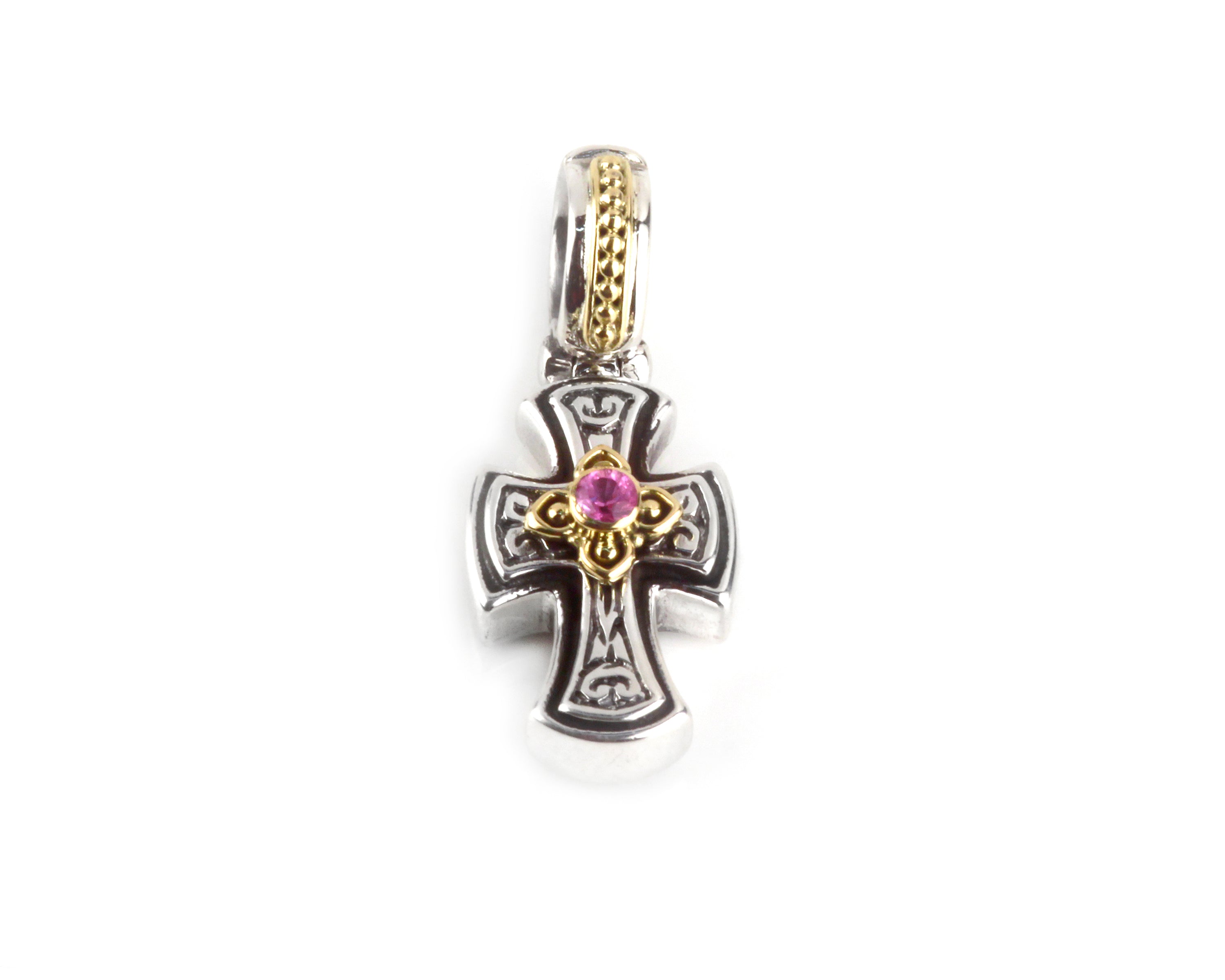 KONSTANTINO STERLING SILVER & 18K GOLD PINK SAPPHIRE ORNATE CROSS PENDANT FROM THE HERMIONE COLLECTI