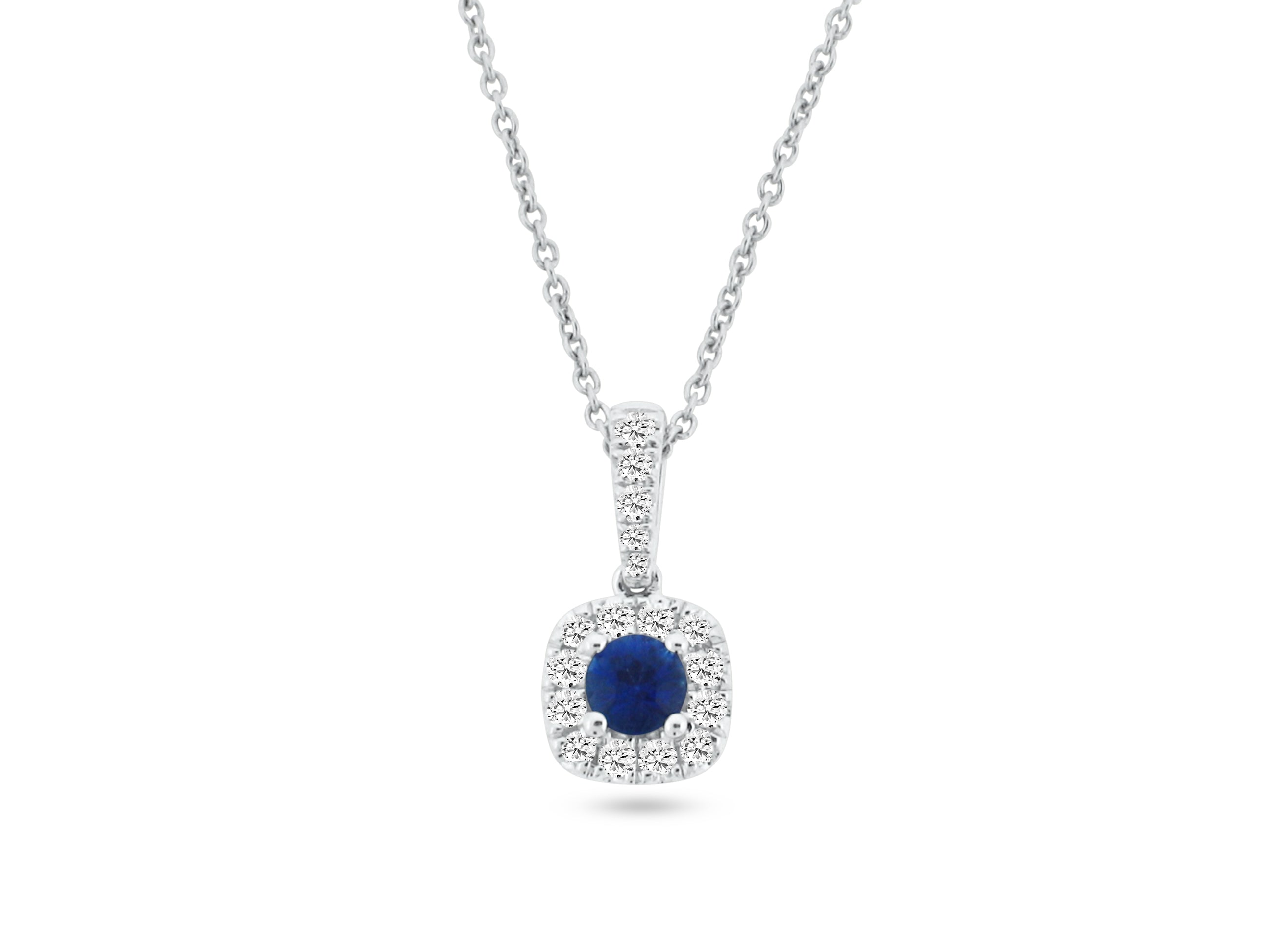 MULLOYS PRIVE 18K WHITE GOLD .14CT VS CLARITY G COLOR .20CT A+ SAPPHIRE  PENDANT INCLUDING CHAIN